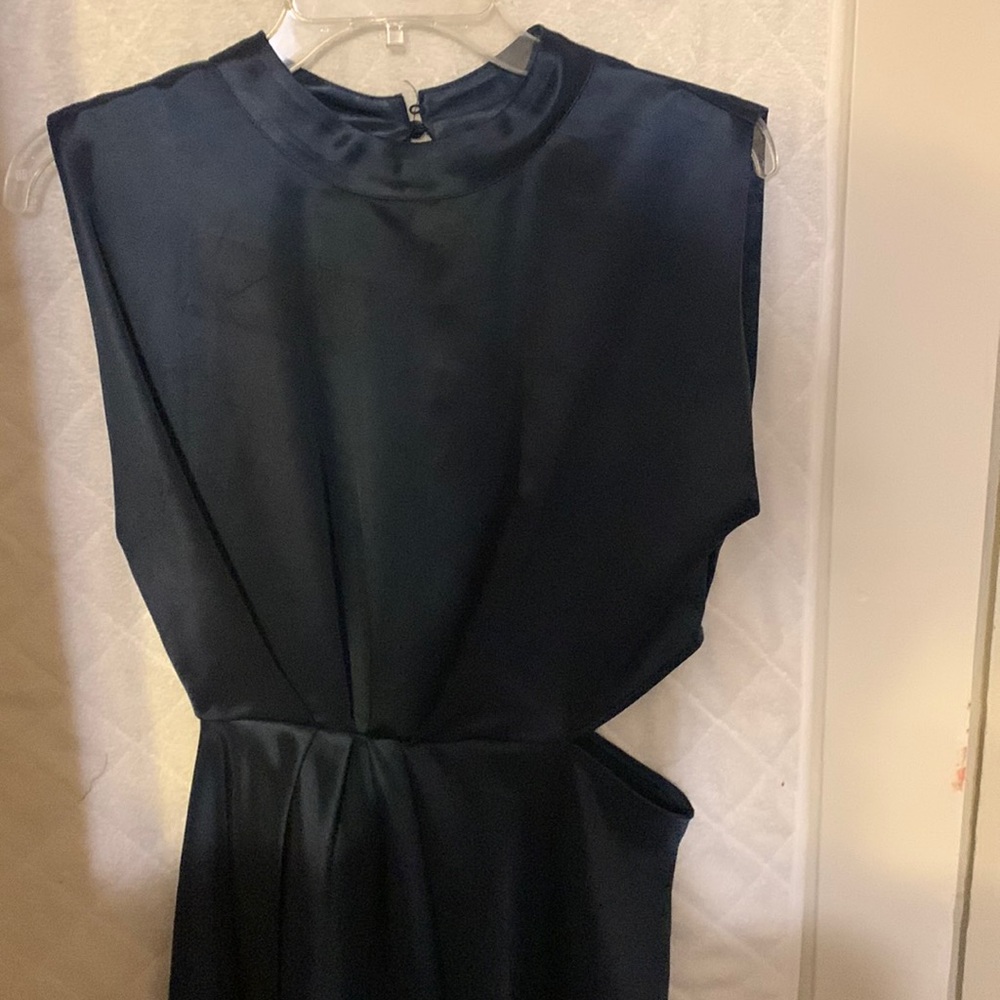 Zara cut out at waist satin dress with open back. Navy Blue with missing button